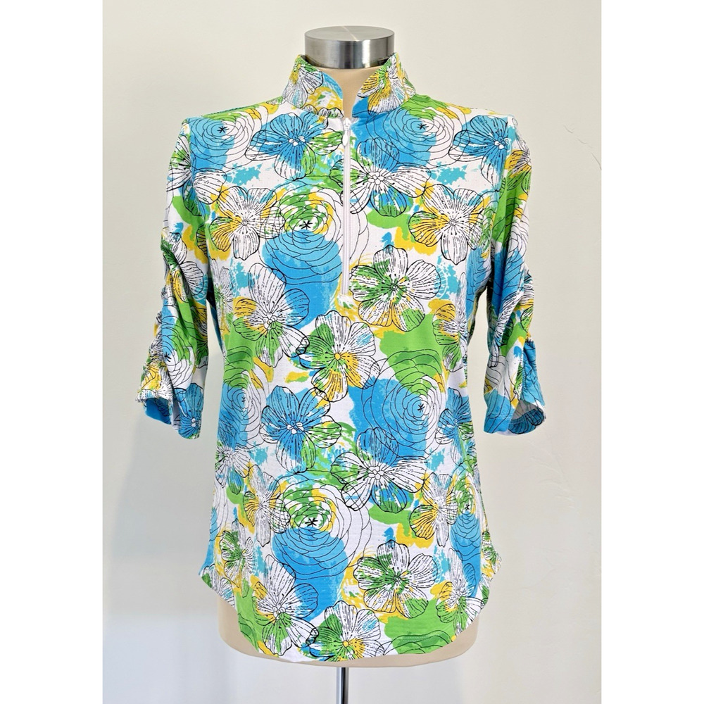 IBKUL Women's M Paddy Print Ruched Elbow Length Sleeve Top Blue Yellow UPF 50
